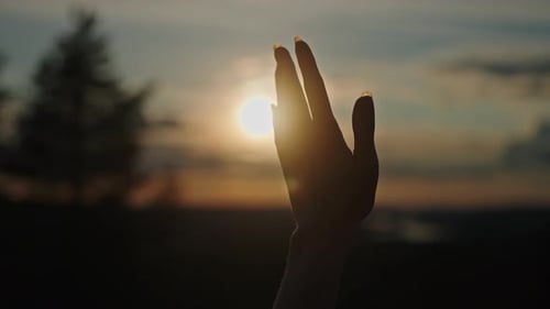 Hand Reaching for the Sun at Sunset
