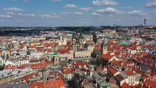 Prague beautiful panoramic sunny aerial drone view above Prague Old Town Square with Church of Our L