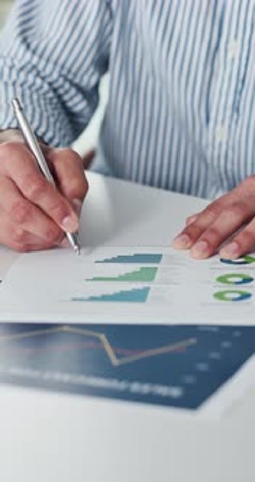 Chart, approval and hands with pen, office and data analysis for financial report