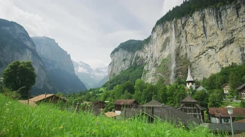Lauterbrunnen village with Staubbach Fall, Switzerland