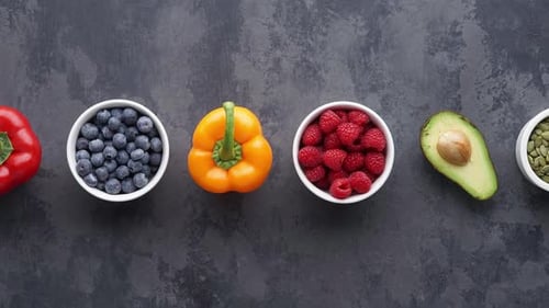 Overhead shot of colorful, healthy fruits and vegetables