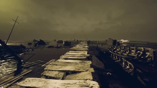 Dramatic Landscape Featuring Abandoned Boats and a Weathered Pathway at Dusk