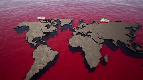 Geopolitical Conflict: USA And Iran Flags On World Map