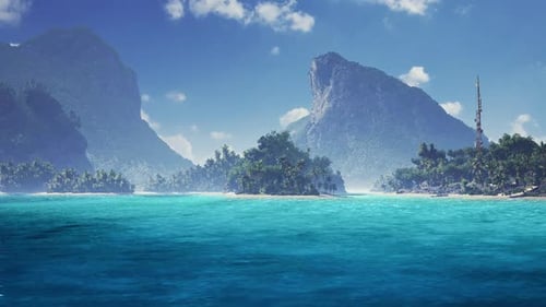 Clear Waters Gently Rippling Towards Sandy Coral Reefs Under Bright Sky