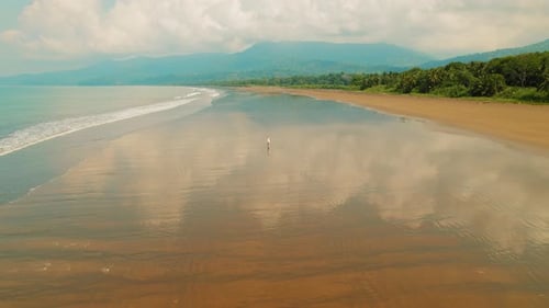 Aerial view of lonely woman walking on tropical wide sandy shore in Costa Rica
