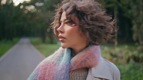 Closeup Gorgeous Traveler Looking Camera Standing Green Woodland Alone