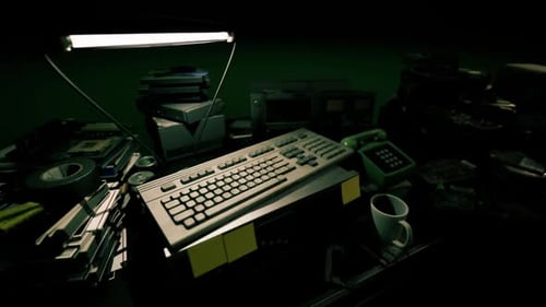 Une installation informatique rétro illuminée par une lampe vintage dans un espace de travail encombré