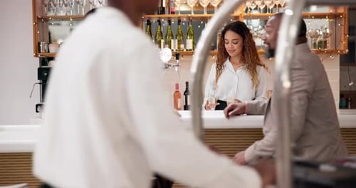 Champagne, hotel bar and business people in meeting to celebrate for success, teamwork and victory