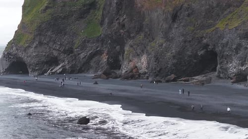 Aerial View of Reynisfjara Black Sand Beach and Basalt Cliffs