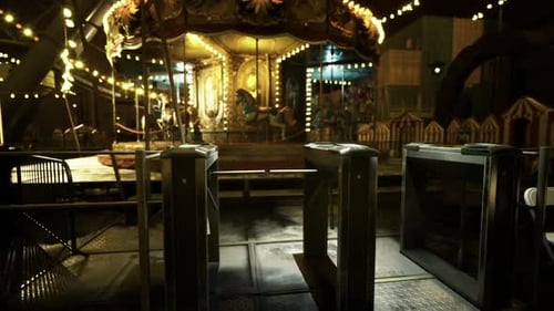 Deserted Carnival Area Illuminated By Soft Glowing Lights and Reflections