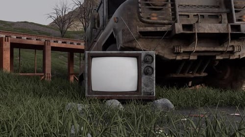 Retro TV Screen Placeholder in Desolate Grunge Landscape
