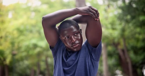 Nature, fitness and athlete stretching arms for exercise in outdoor park, field or garden