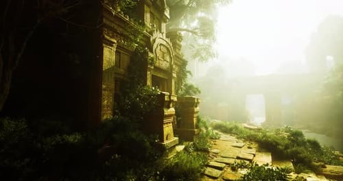 Ancient Ruins Covered in Lush Greenery During Golden Hour Light