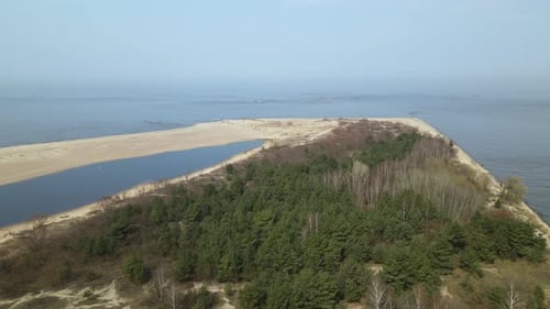 Aerial side shot of natural reserve area with forest trees,nature lake and sand during sunny day. In