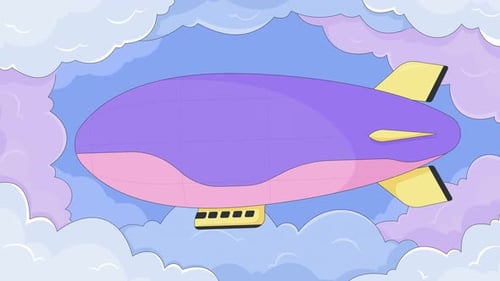 Dirigível flutuando pelo céu sonhador, papel de parede de desenho animado de animação lofi