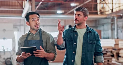 Carpentry, men or walking with tablet in workshop for project update, manufacturing or compliance
