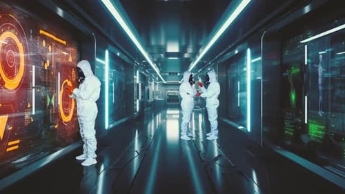 Un pasillo largo en un laboratorio moderno con pantallas holográficas. Varios científicos están trabajando
