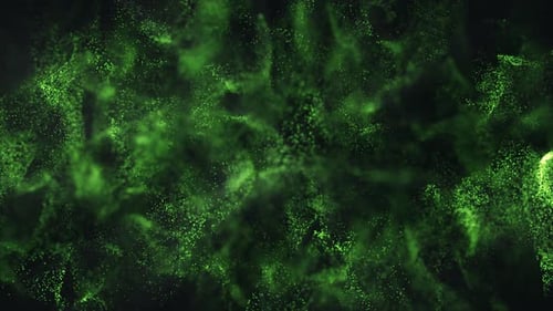 Abstrakter grüner Farbpartikelhintergrund mit leuchtenden Partikelsternen, Staub.