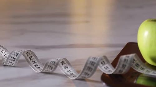 Kitchen scale, green apple and measuring tape on white marble table, closeup. Camera moving right