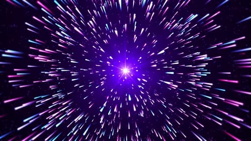 Hyperjump to another galaxy. The effect of jumping in space at the speed of light. neon glowing rays