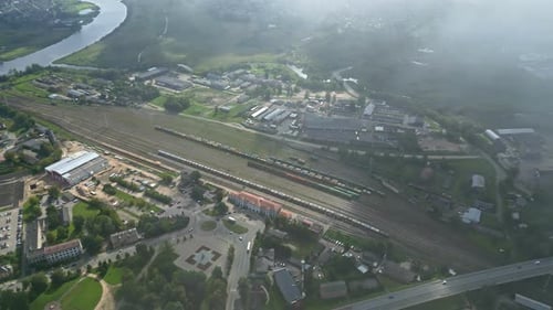 Aerial View Of Yard Trains And Railroad With Wagons In The City Of Germany.