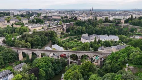 Drone footage of Luxembourg City aerial panorama, Luxembourg