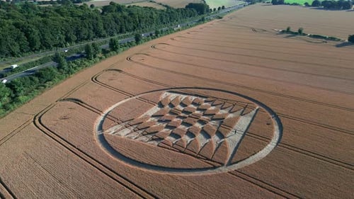 Crop Circles With Tractor Tracks On Agricultural Field At Summer. - arial descend