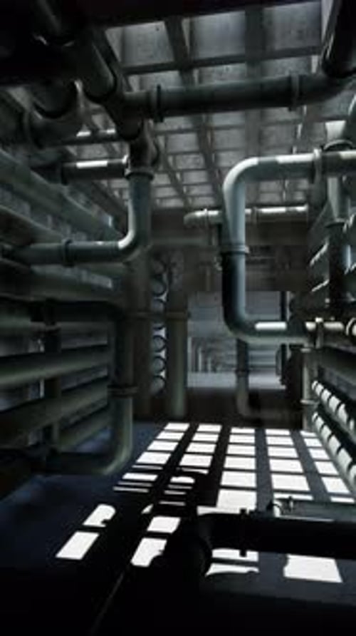 Intricate Maze of Pipes in an Industrial Space Illuminated By Shadows