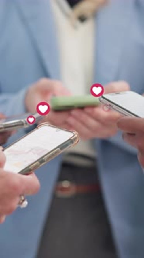 Emoticons, hands and phone for social media with people in circle together for like or reaction