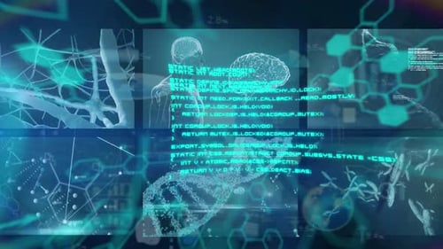 Animation of dna strand and medical data processing on screens