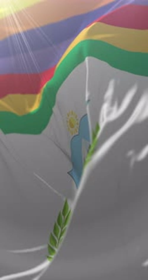 Waving Rainbow and Emblem Flags with Sun Flare