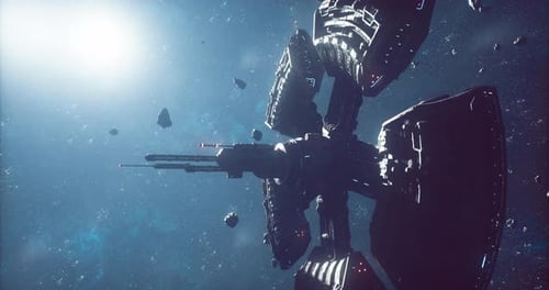 Vista detallada de una estación espacial futurista en medio de un campo de asteroides