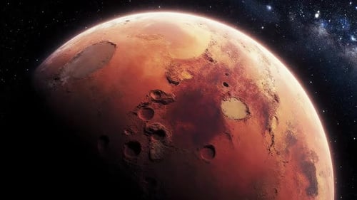 Vista da superfície do planeta Marte vermelho do espaço — paisagem realista de Marte com fundo cósmico