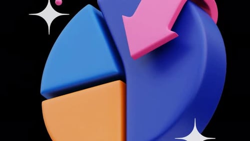 Vibrant 3D pie chart with dynamic pink arrow and starburst effects on black background