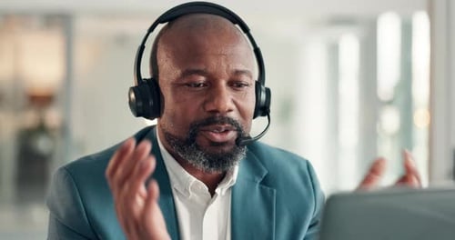 Black man, agent or discussion with headset in call center for customer service or advice in office