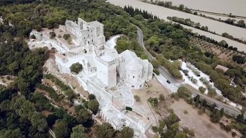 Aerial views of the fortified castle Montmajour Abbey in the Provence, France, Europe.
