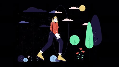 Animated Transition of Woman Walking from Rain to Sunshine