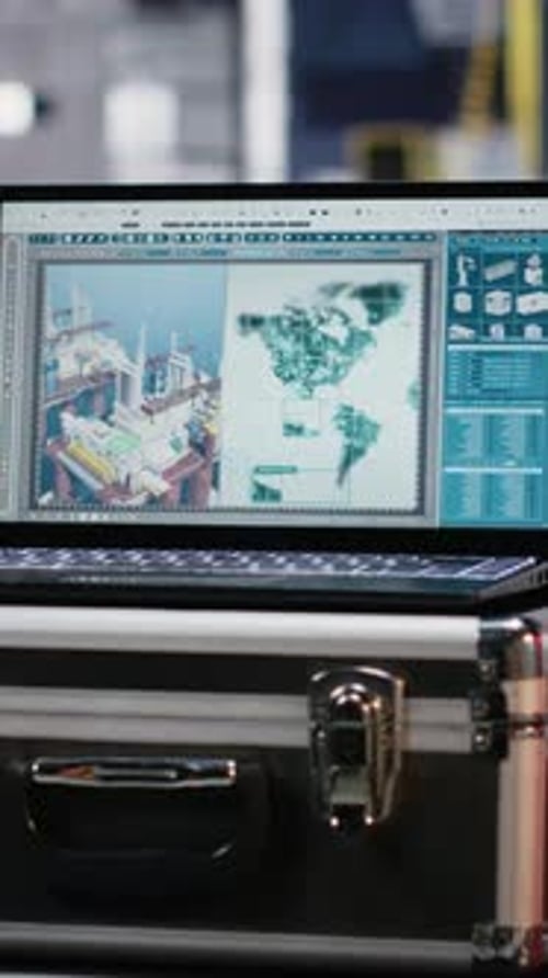 Laptop Shows Oil Rig Map on Black Toolbox