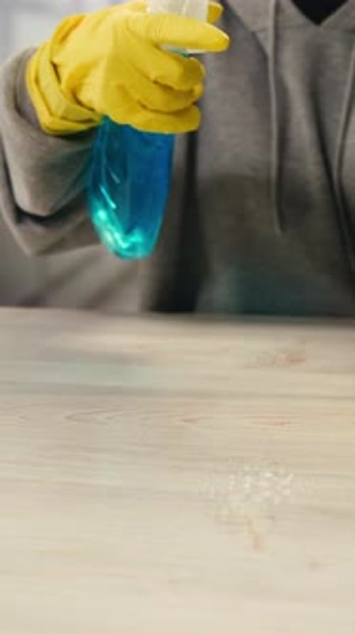 Cleaning Service Close Up of Woman Cleaning Table at Home with Spray Homework Clean of Ditry Kitchen
