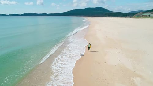 Aerial View of a Young Woman in Yellow Jacket Walking on Beach with Her Dog