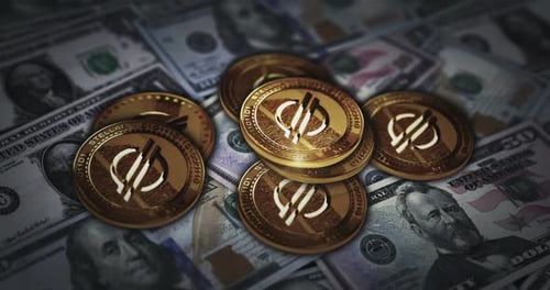 Pièce de crypto-monnaie Stellar XLM sur des billets en dollars