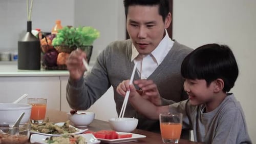 Father and Son Eating Lunch at Home