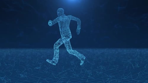 Digital Wireframe Runner Animation on Sci-Fi Plexus Background