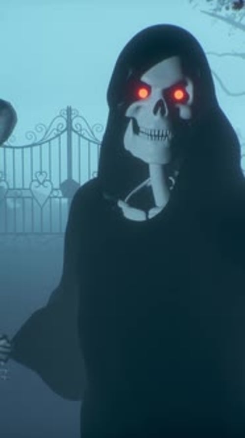 Dark hooded Grim Reaper with glowing red eyes holds scythe.