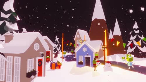Animated Snowy Christmas Village with Cute Frogs and Presents