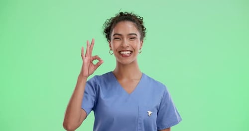 Okay hand, happy woman and nurse on green screen for healthcare success or services review