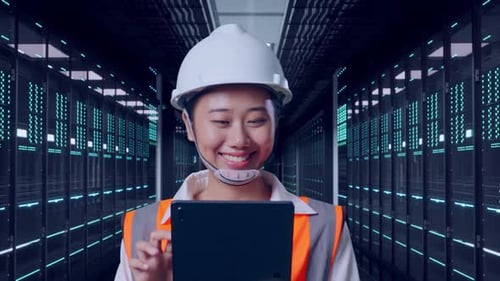 Asian Female Use Tablet While Walking in Data Center