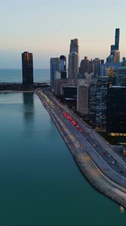 Aerial View of Lake Shore Drive and Chicago Skyline at Dusk
