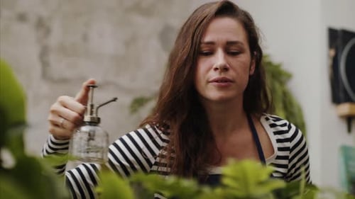 Woman florist sprays fresh plants with water in her modern flower shop