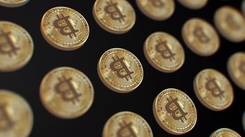 macro view rising over gold bitcoin cryptocurrency coins on black background, 4k blockchain altcoin